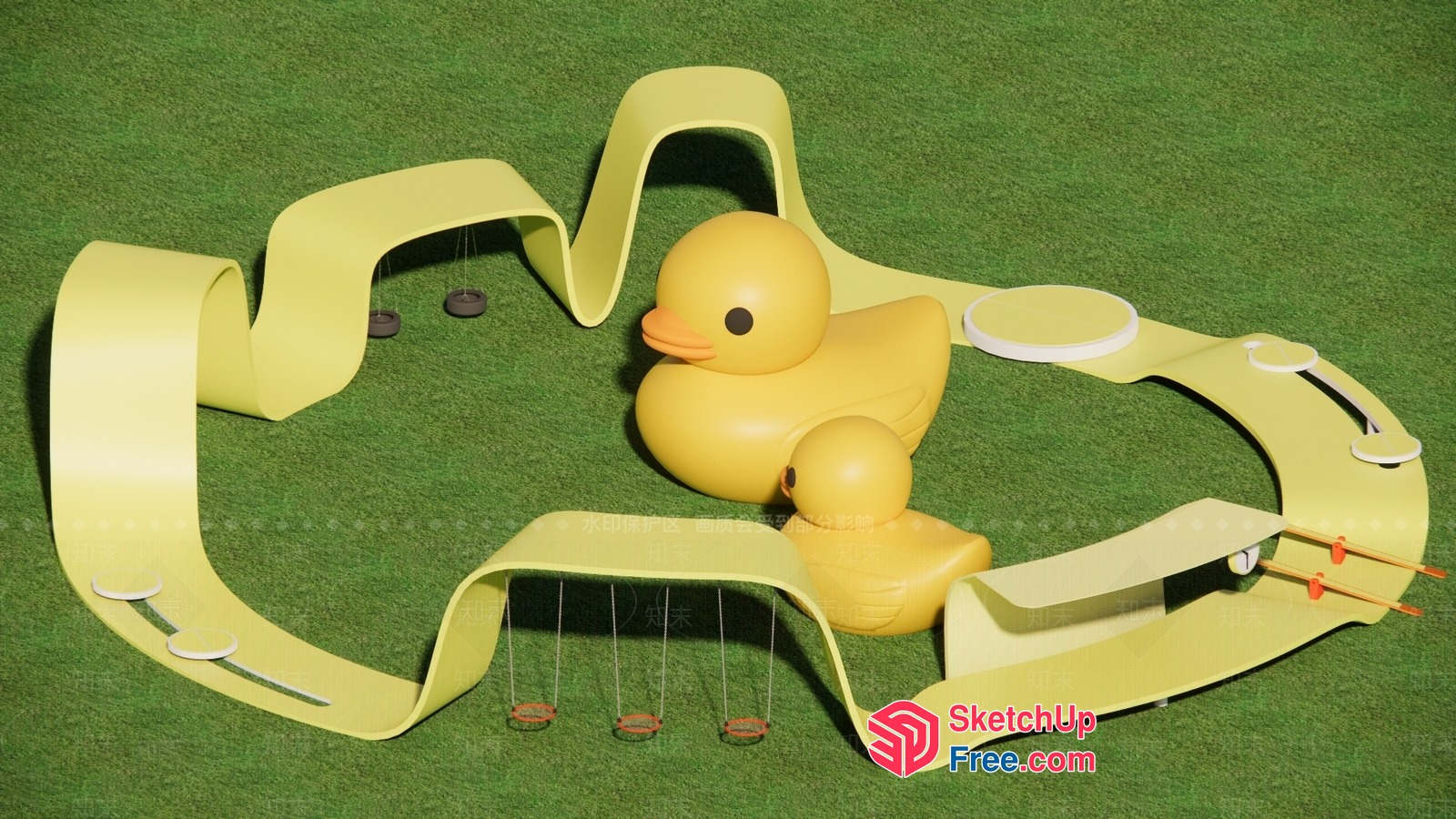 Vibrant Yellow Playground With Rubber Duck Sculptures 3D SketchUp File