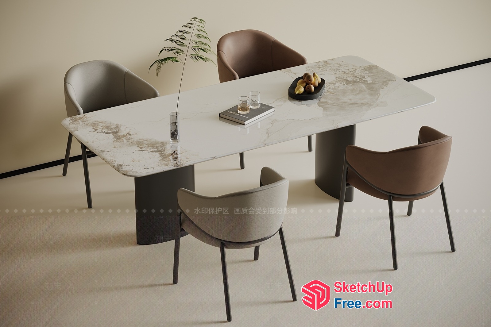 Modern Dining Table With Marble Top And Brown Chairs 3D SketchUp File