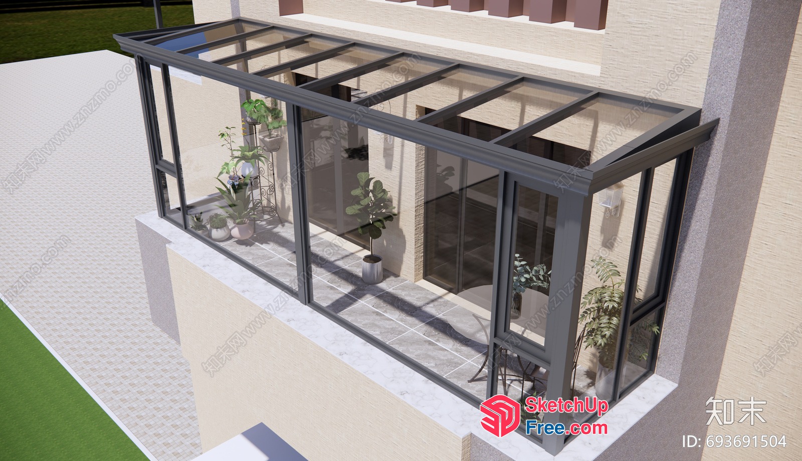 Glass Enclosed Balcony With Potted Plants 3D SketchUp File