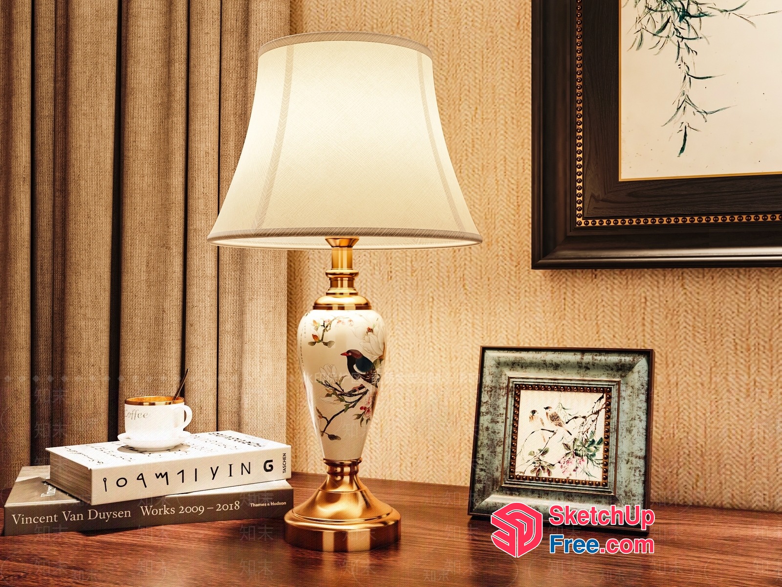 Elegant Table Lamp With Bird Decor And White Shade 3D SketchUp File
