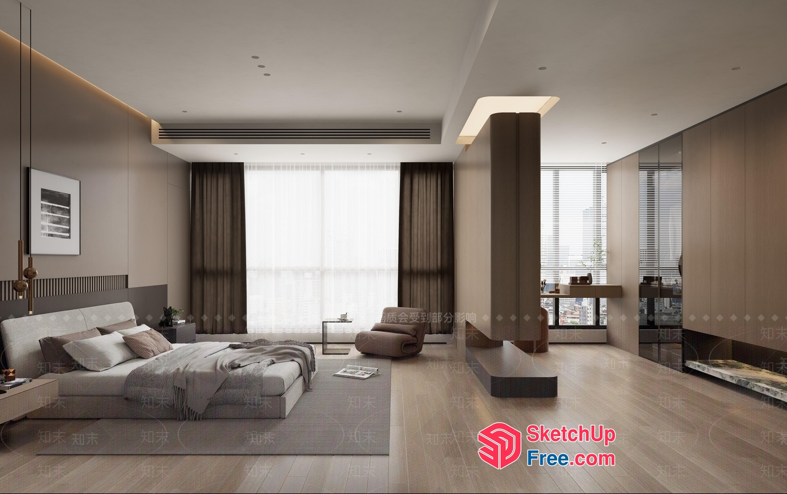 Modern Minimalist Master Bedroom With Large Window And Pillars 3D SketchUp File