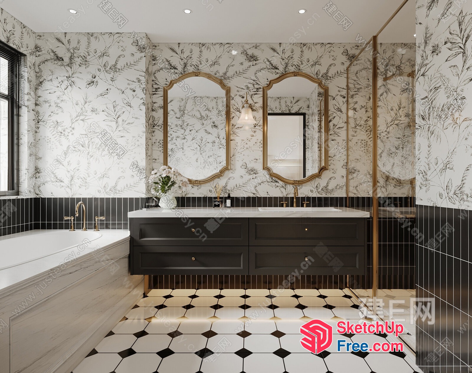 Elegant Black And White Bathroom With Gold Accents 3D SketchUp File