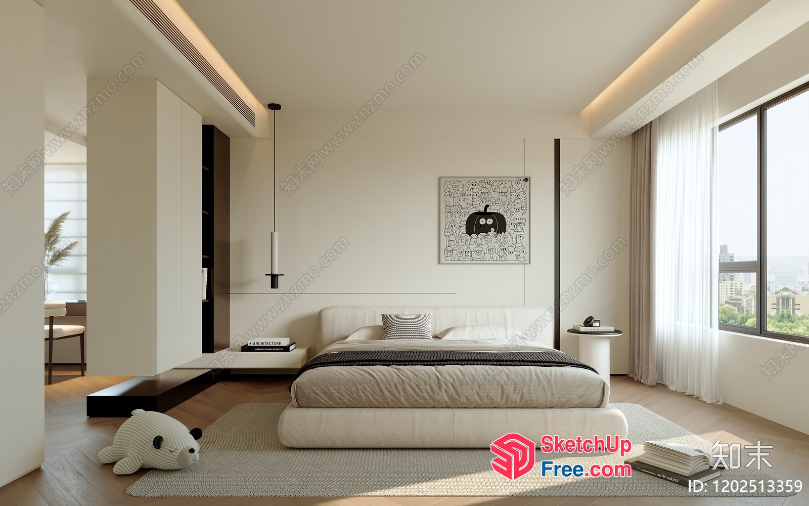 Modern Minimalist Japanese Style Bedroom With City View 3D SketchUp File