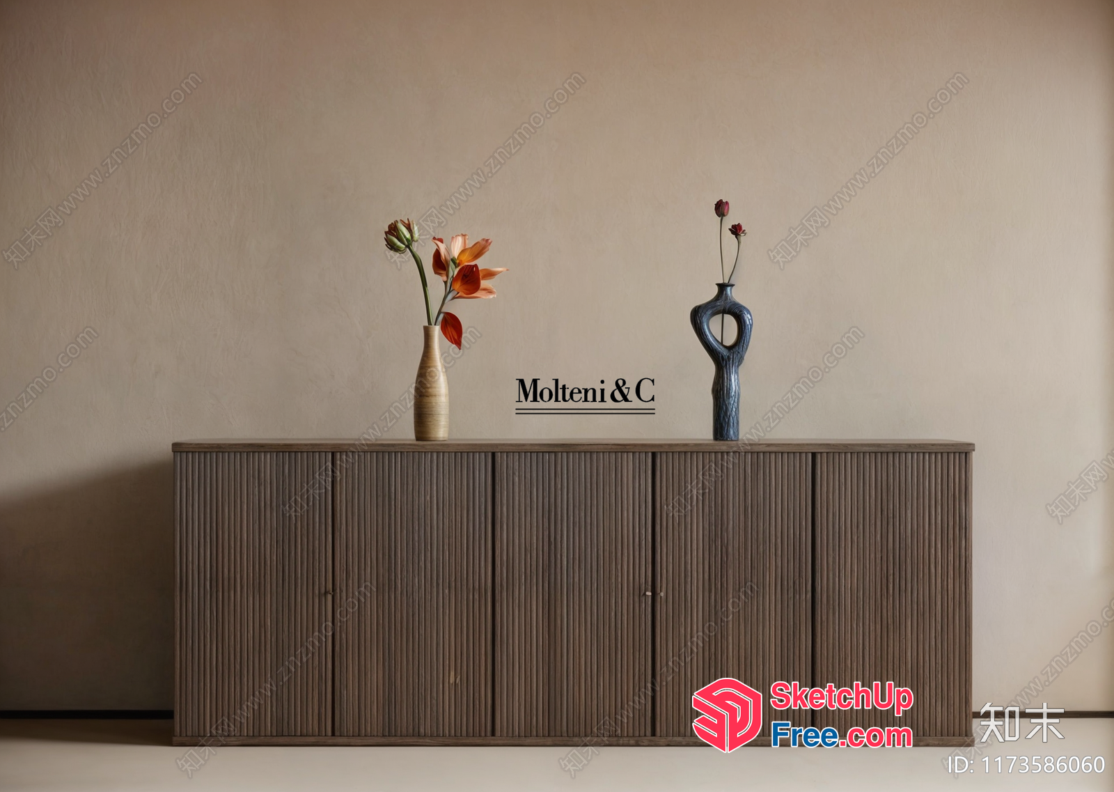 Modern Sideboard With Fluted Doors And Decorative Vases 3D SketchUp File