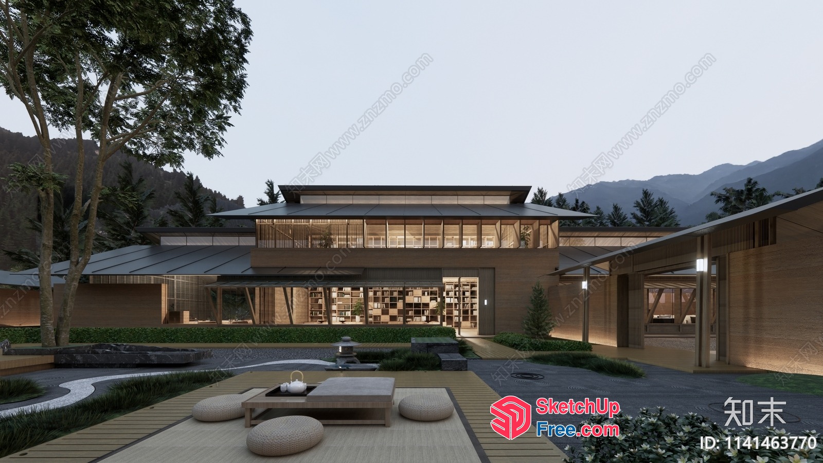 Modern Japanese-Inspired Home Exterior With Serene Courtyard 3D SketchUp File