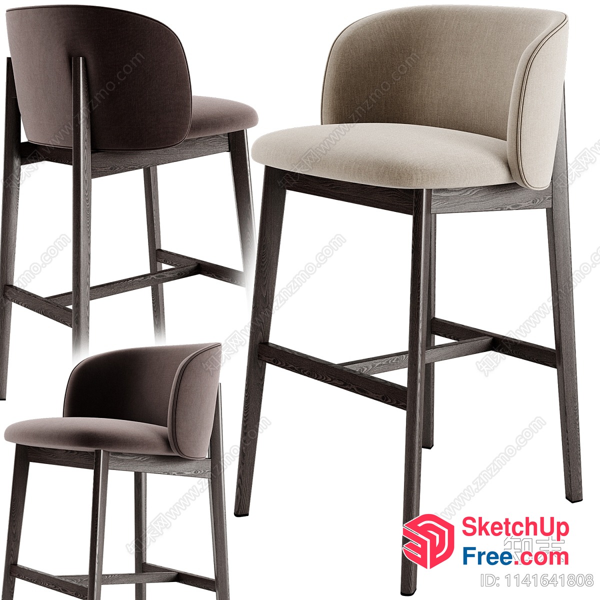 Modern Bar Stool Set With Grey Wood And Beige Upholstery 3D SketchUp File