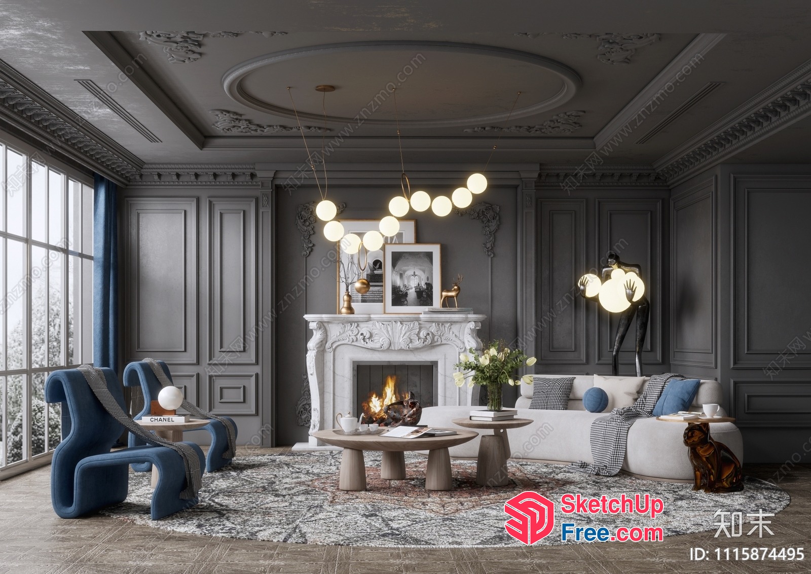 Luxurious European-Style Living Room With Ornate Fireplace 3D SketchUp File