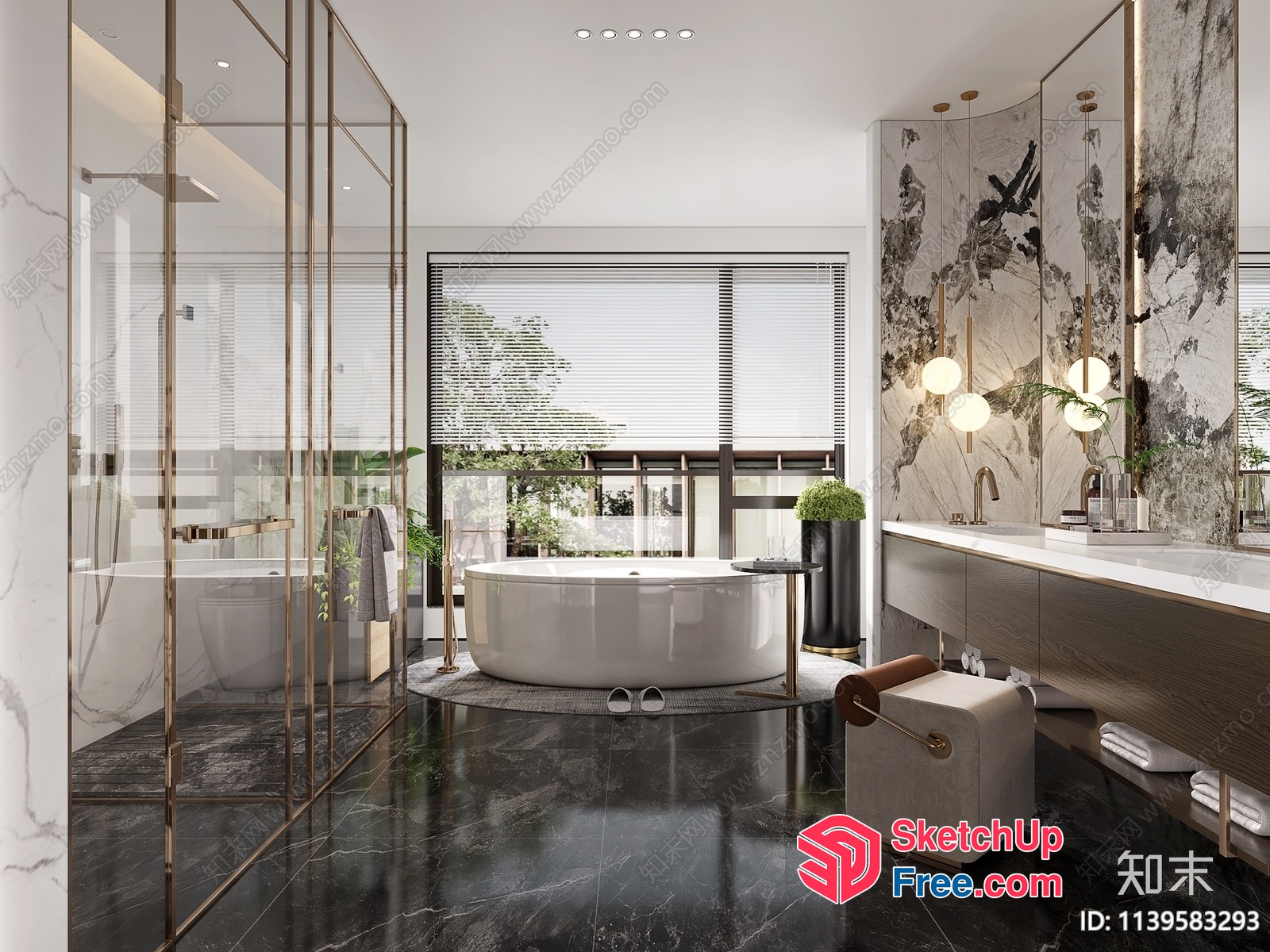Modern Bathroom With White Bathtub And Glass Shower 3D SketchUp File