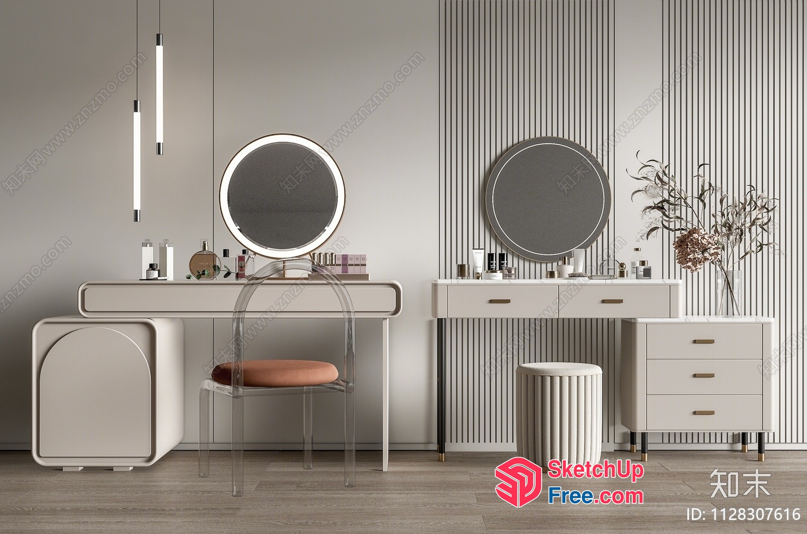 Elegant Modern Vanity Area With Round Mirrors 3D SketchUp File
