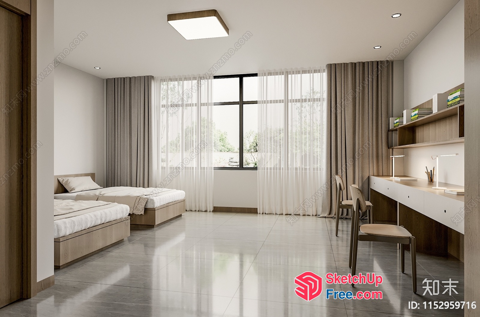 Modern Minimalist Bedroom With Large Window And Desk 3D SketchUp File