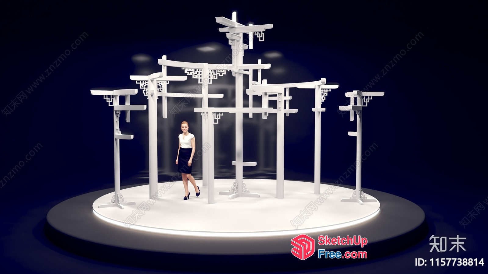 3D Rendering Of A Woman In A White And Black Outfit Standing In Front Of A White Structure 3D SketchUp File