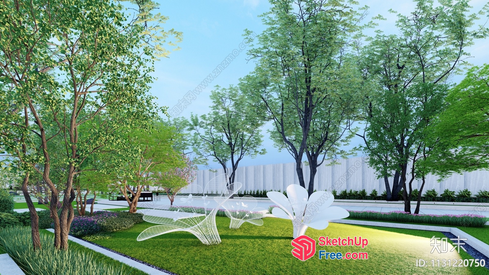 Modern Garden Landscape Design With White Sculptures 3D SketchUp File