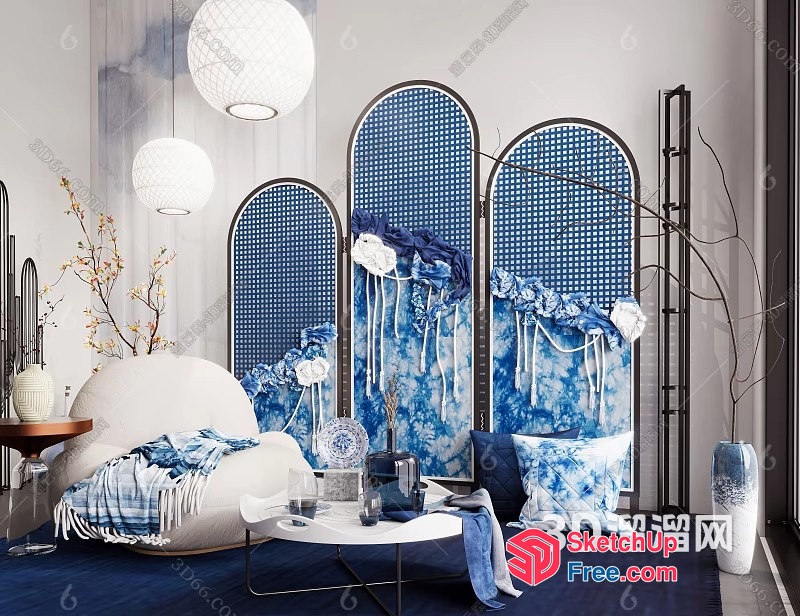 Modern Blue And White Living Room With Elegant Decor 3D SketchUp File