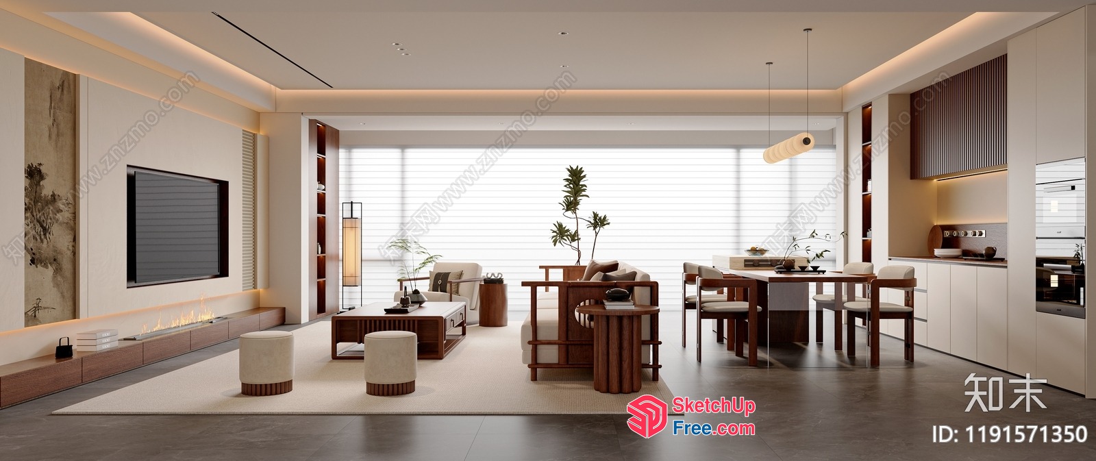 Minimalist Japanese Style Living Room With Dining Area 3D SketchUp File
