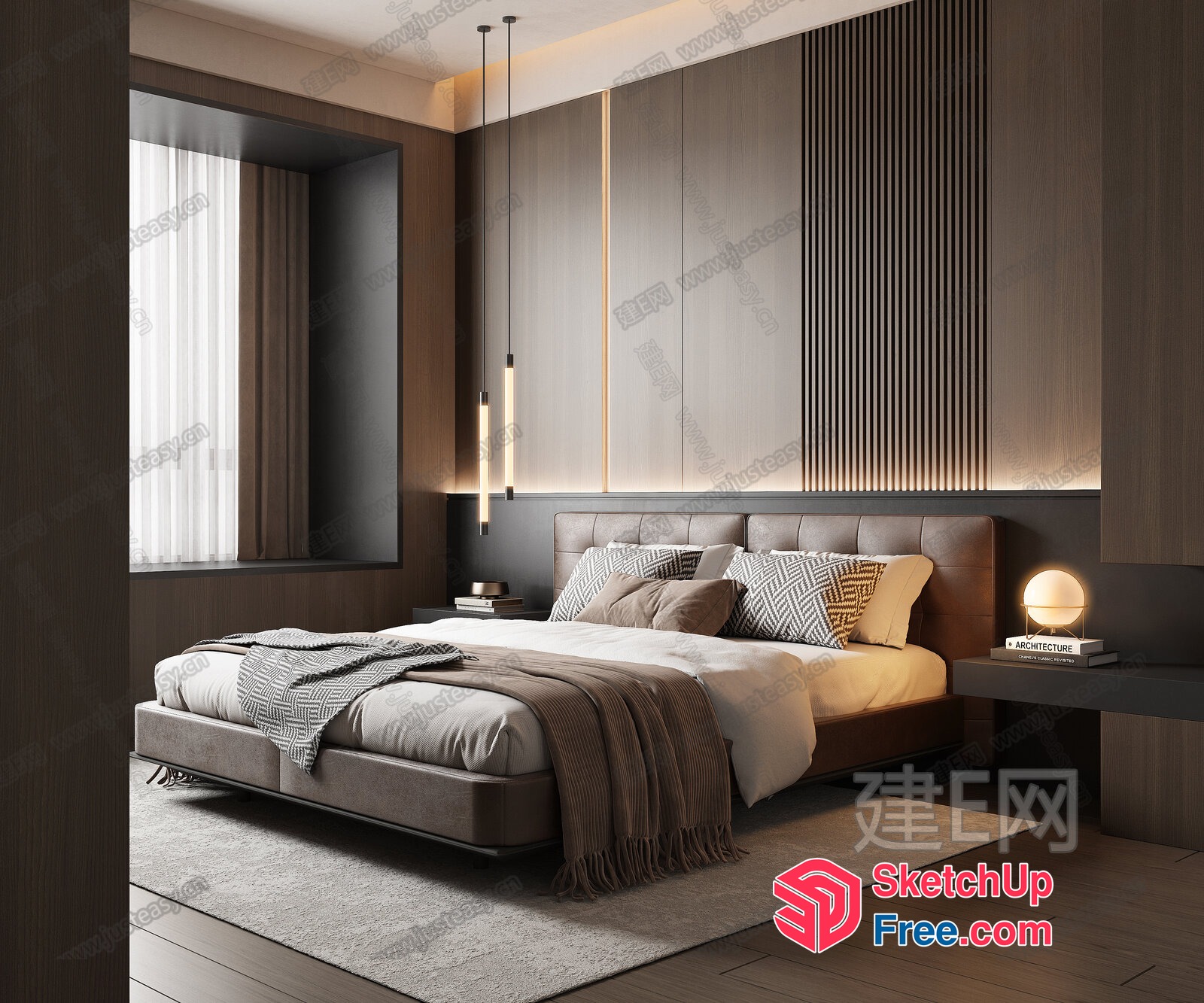 Modern Brown Leather Bed And Pillows With White Sheets 3D SketchUp File