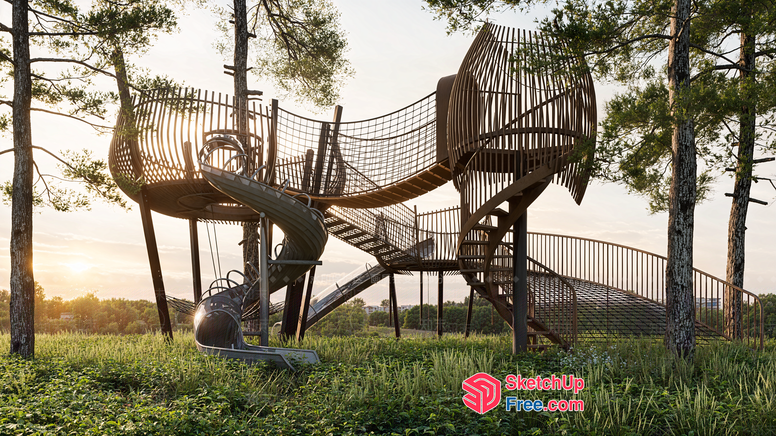 Outdoor Playground Structure With Rope Bridge And Slide 3D SketchUp File