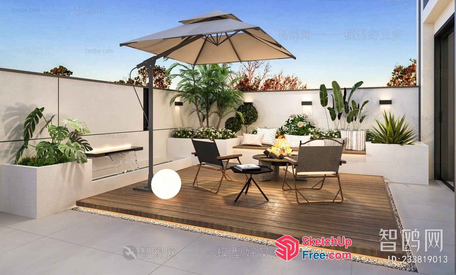 Outdoor Patio With Modern Furniture And Water Feature 3D SketchUp File