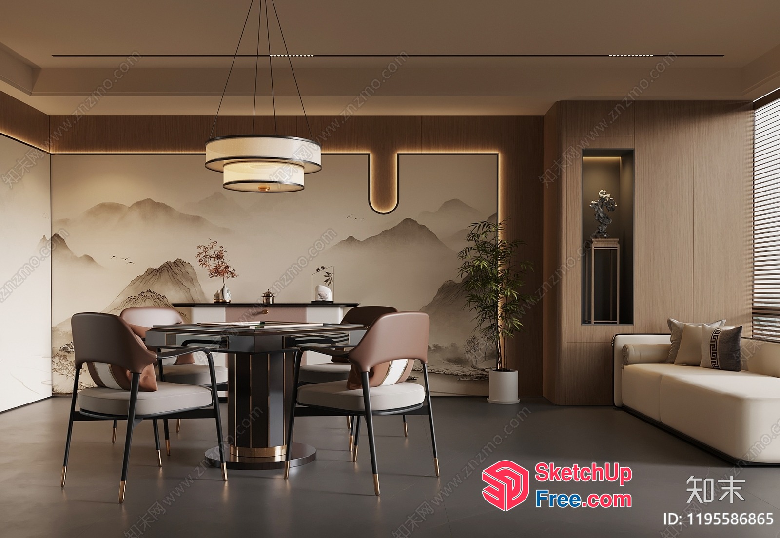 Elegant Modern Dining Room With Asian-Inspired Mural 3D SketchUp File