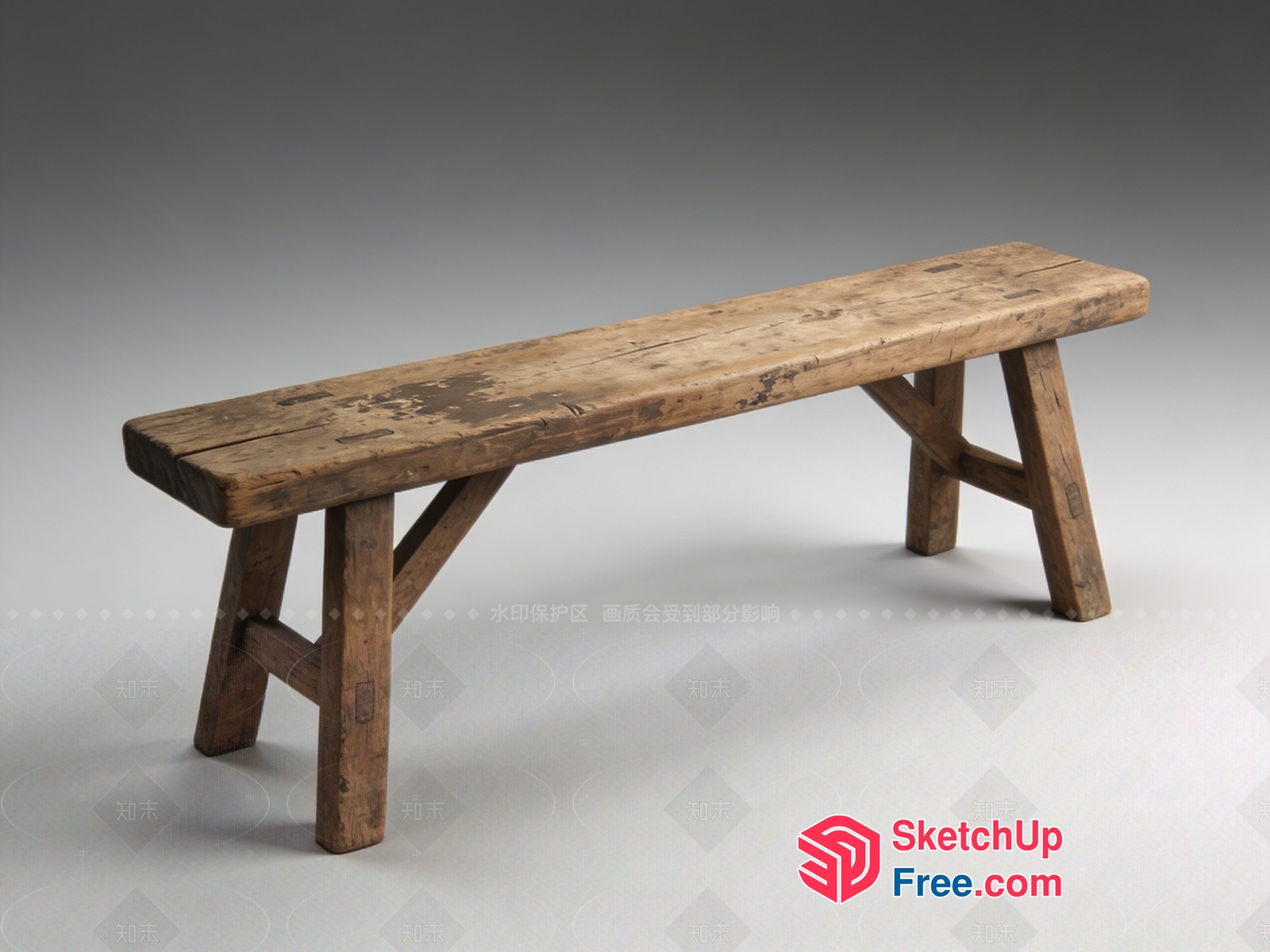 Weathered Wooden Bench With Distressed Surface 3D SketchUp File