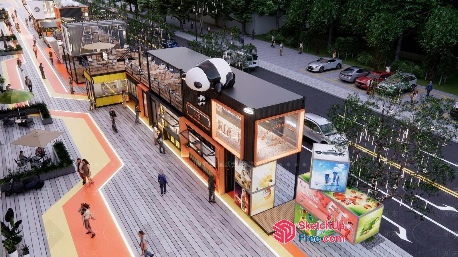 Modern Commercial Street With A Mix Of Buildings And Outdoor Spaces 3D SketchUp File