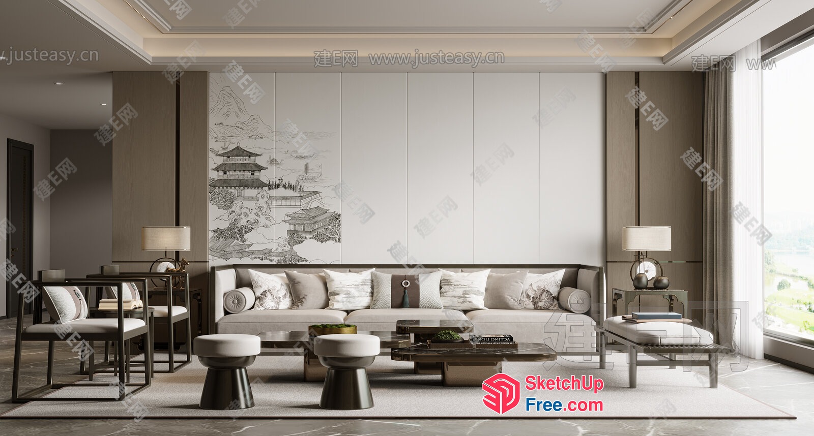 Elegant Modern Japanese Style Living Room 3D SketchUp File