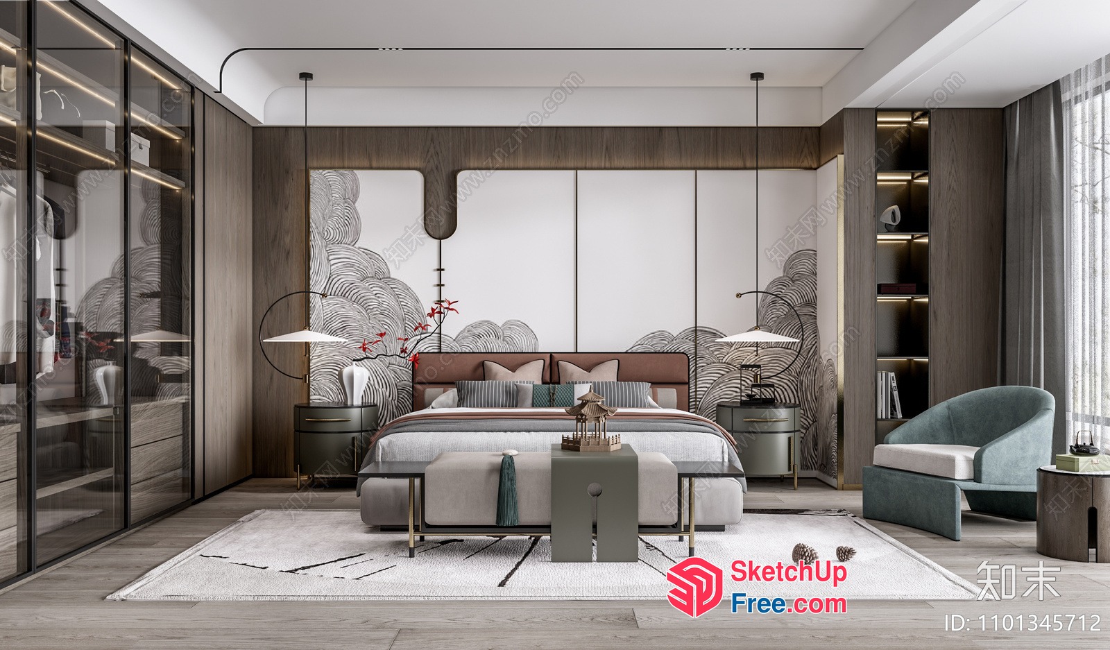 Elegant Modern Bedroom With Distinctive Bed Head Tab 3D SketchUp File