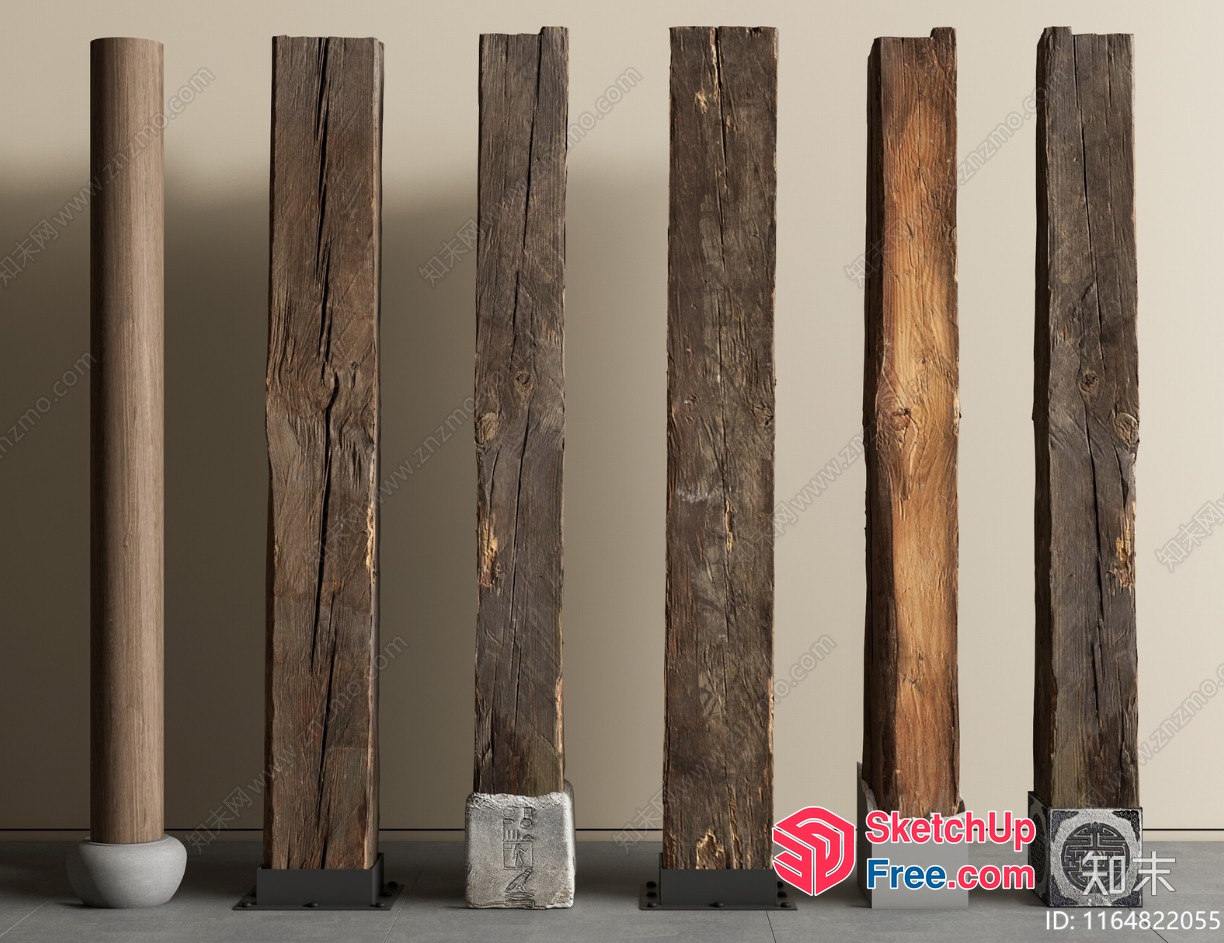 Six Tall Wooden Pillars In Various Textures 3D SketchUp File