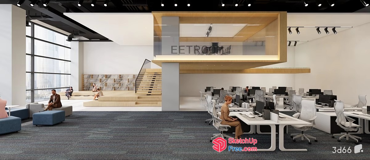 Modern Office Space With Glass Curtain Wall And Staircase 3D SketchUp File