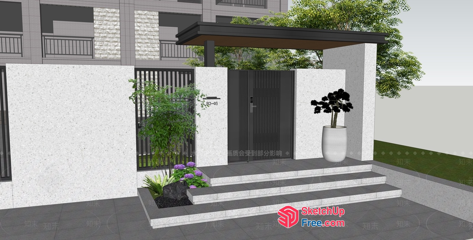 Exterior Staircase With Potted Plant And Trees 3D SketchUp File
