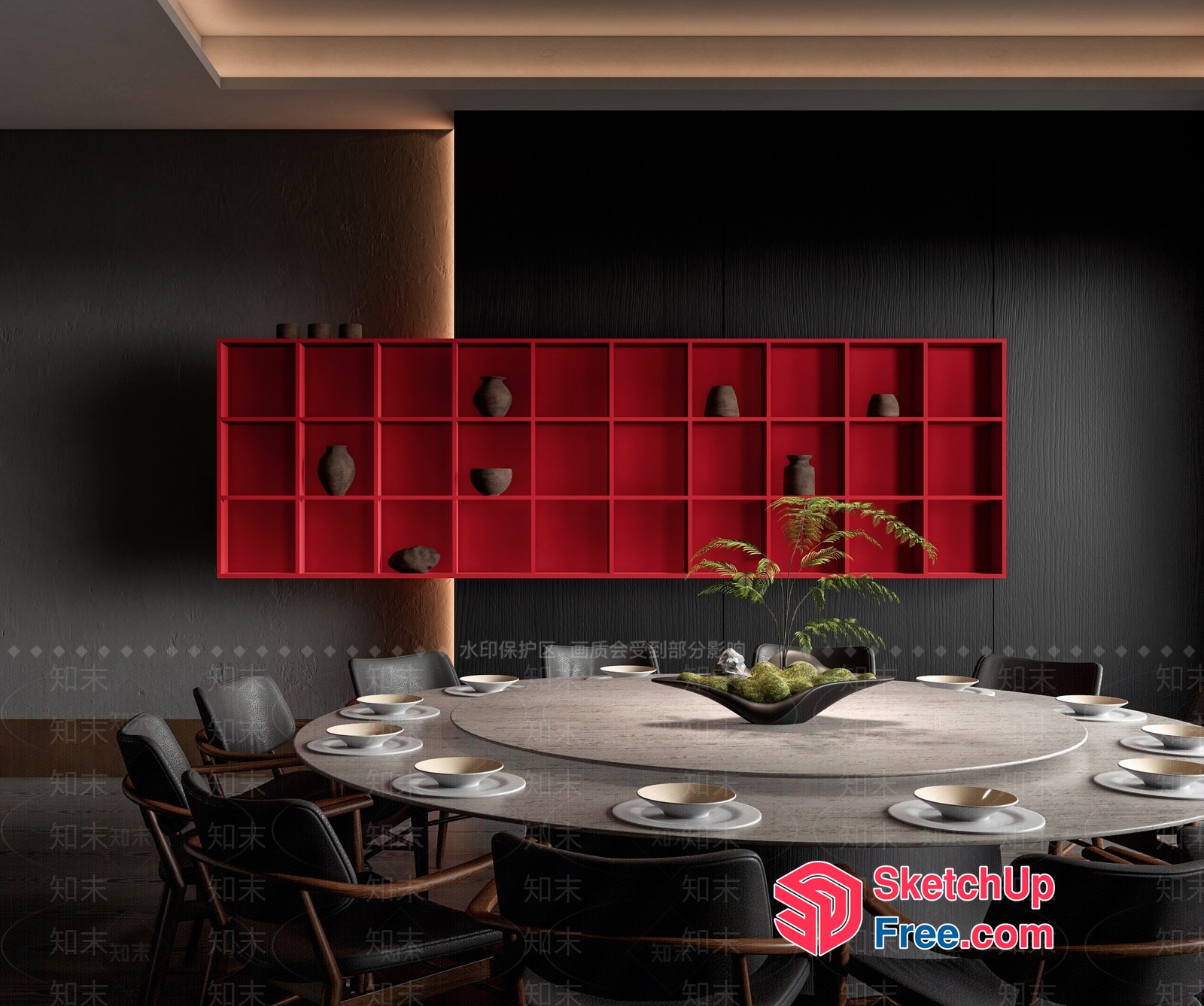 Modern Dining Room With Red Shelves And Round Table 3D SketchUp File