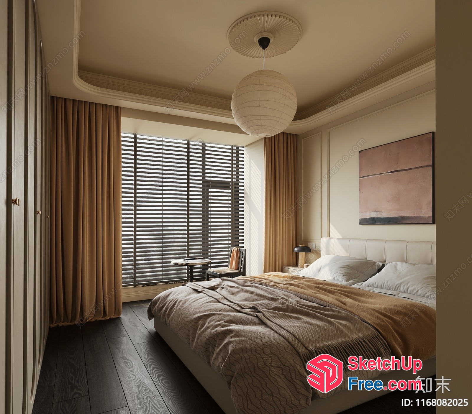Elegant Modern Bedroom With Creamy Style And Wood Flooring 3D SketchUp File