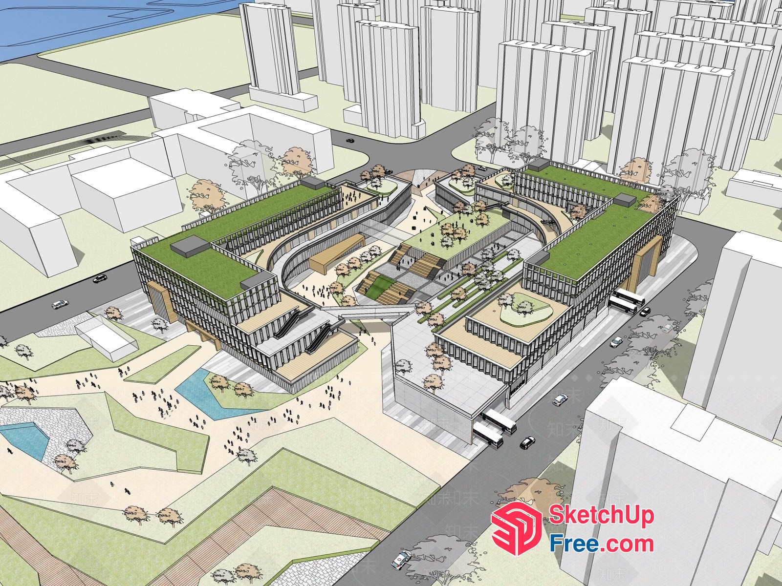 Modern Commercial Street Building With Green Roof 3D SketchUp File
