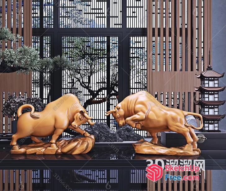 Two Golden Bulls In A Modern Chinese Interior 3D SketchUp File