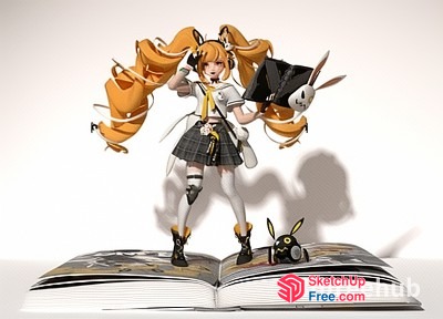 Anime Girl Standing On A Book With Bunny Rabbit 3D SketchUp File