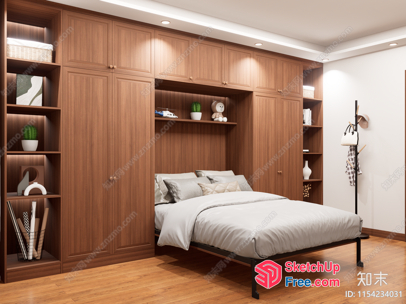 Modern Minimalist Bedroom With Wooden Shelving And Bed 3D SketchUp File