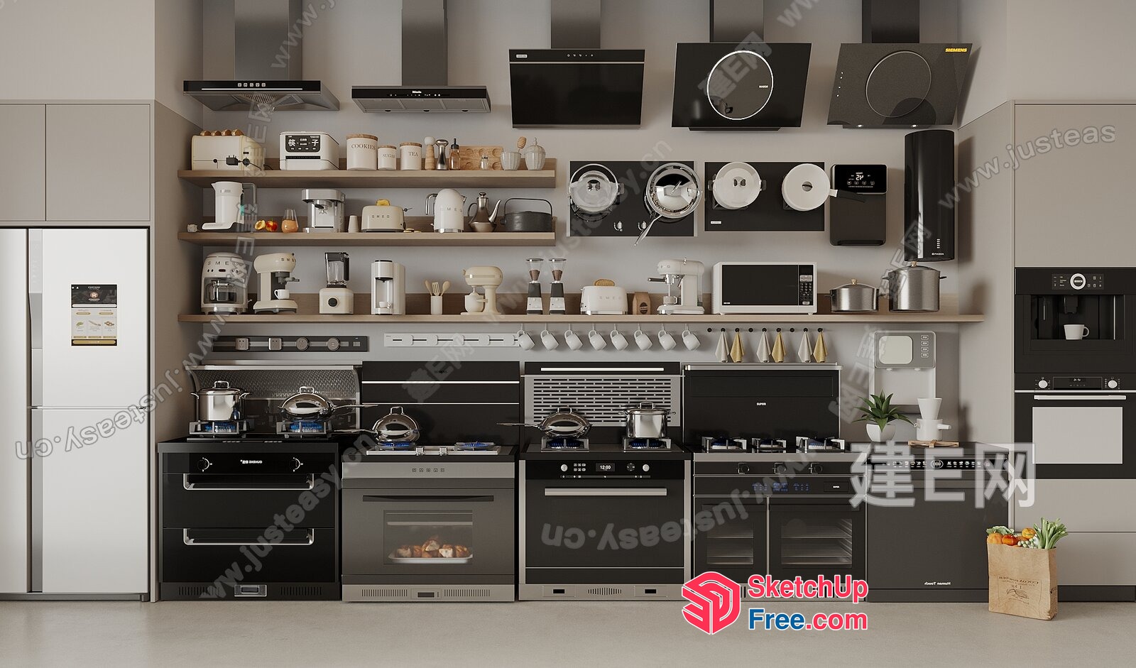Modern Kitchen Appliances And Utensils Displayed On Shelves And Countertops 3D SketchUp File
