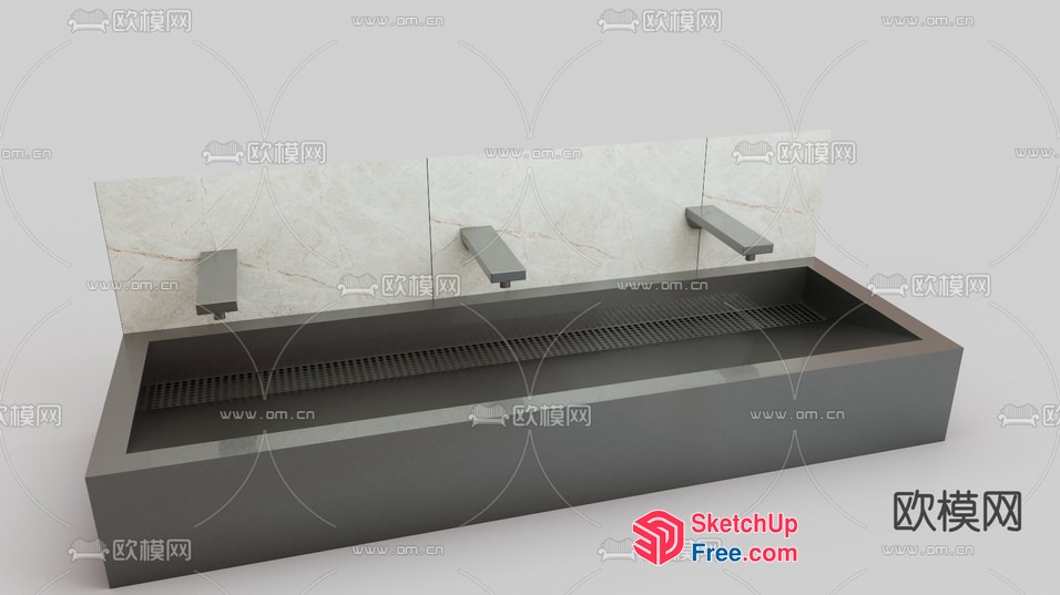 Modern Grey Rectangular Sink With Three Faucets And Marble Backsplash 3D SketchUp File