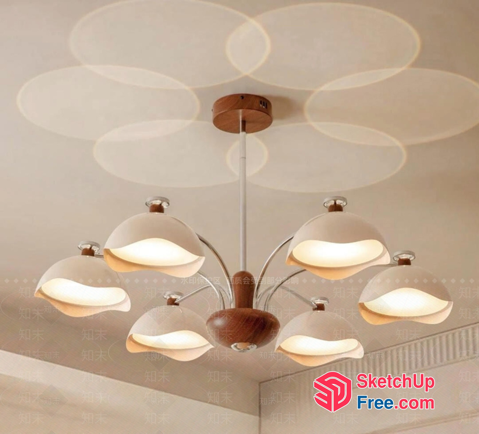 Elegant Chandelier With Wooden Base And Glass Shades 3D SketchUp File