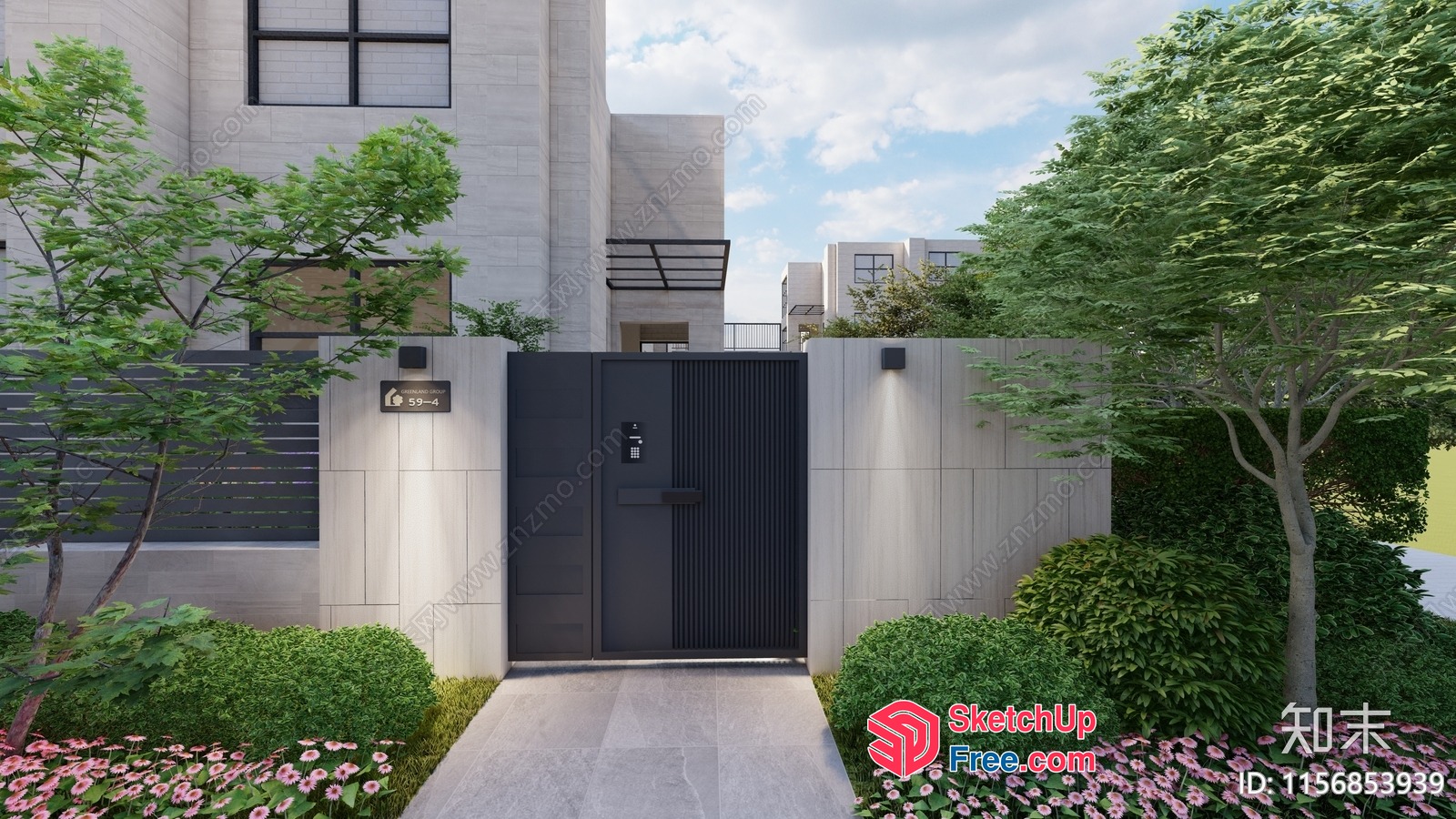 Exterior Villa Entrance With Black Door And Gate 3D SketchUp File