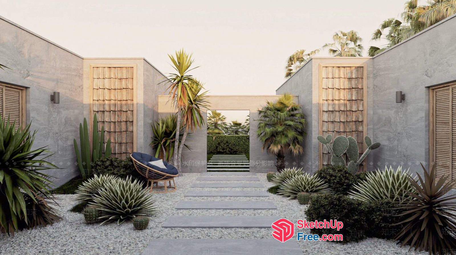 Exterior Decorative Garden With Pillar And Stairway 3D SketchUp File
