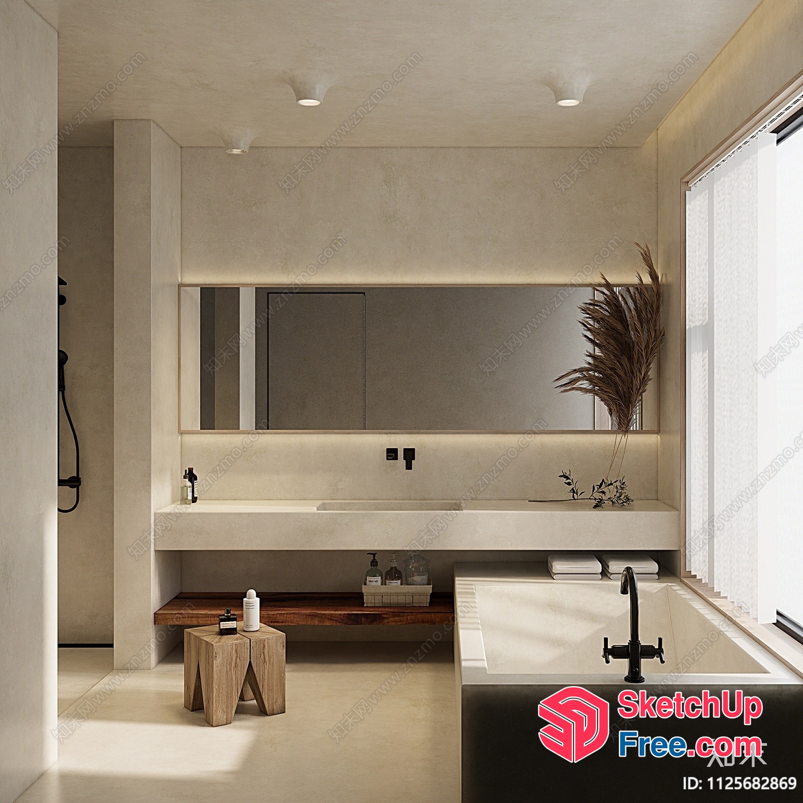Minimalist Japanese-Style Bathroom With Neutral Tones And Natural Elements 3D SketchUp File
