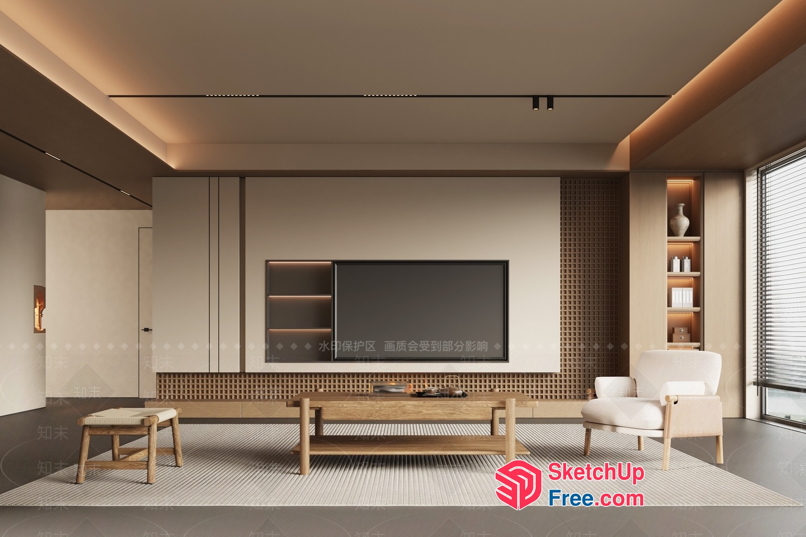 Modern Minimalist Living Room With Natural Wood Accents 3D SketchUp File