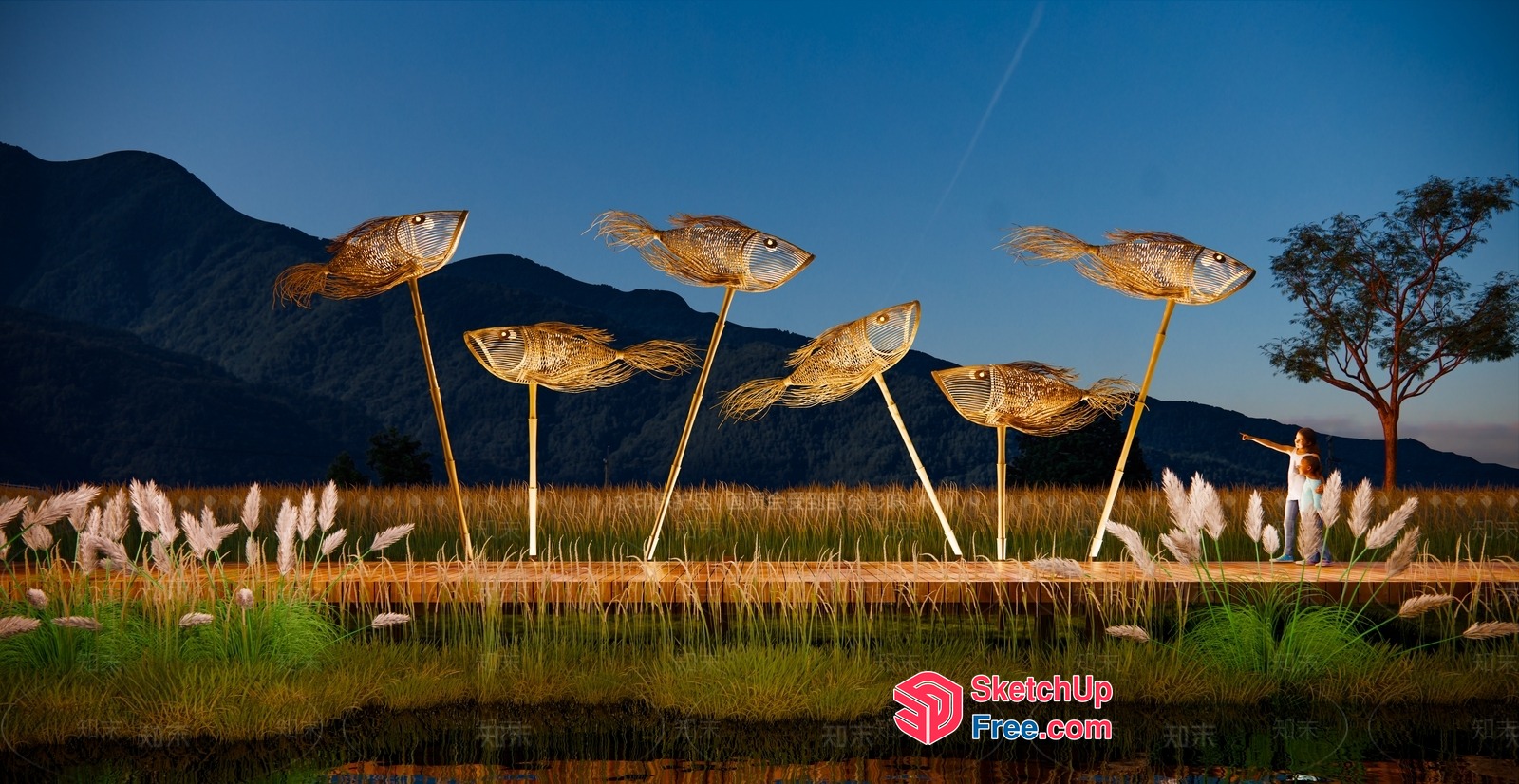Fish Sculptures In A Field 3D SketchUp File
