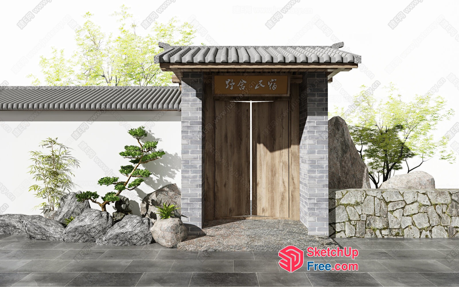 Traditional Asian Entrance With Ornate Door And Roof 3D SketchUp File