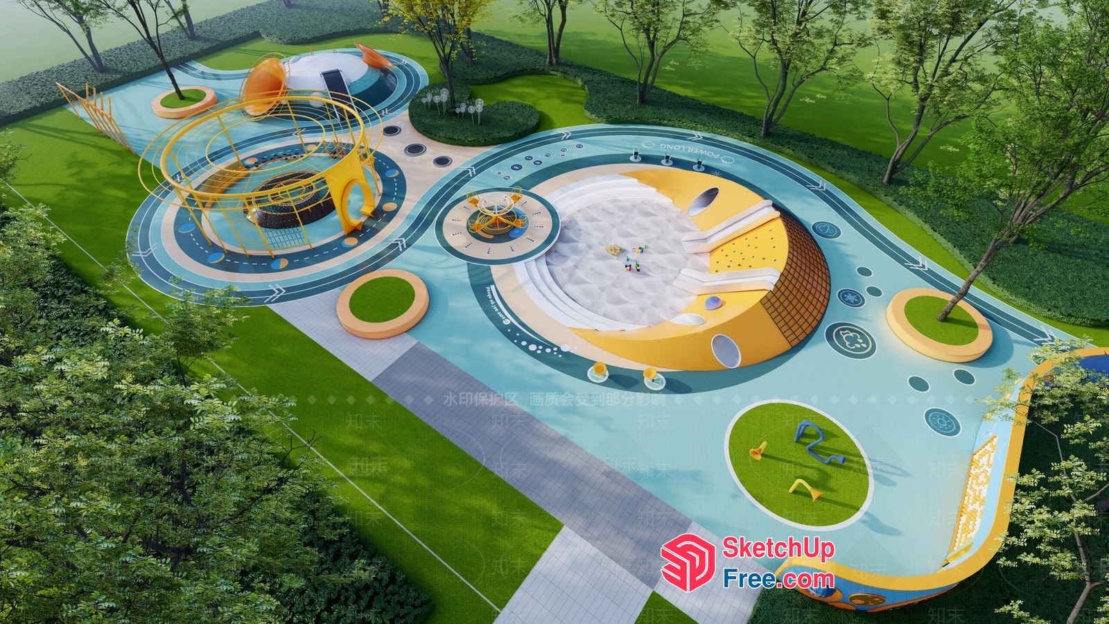 Futuristic Park Playground With Unique Play Structures And Water Features 3D SketchUp File