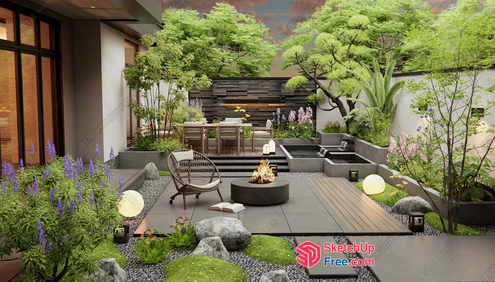 Japanese-Inspired Modern Garden With Fire Pit 3D SketchUp File