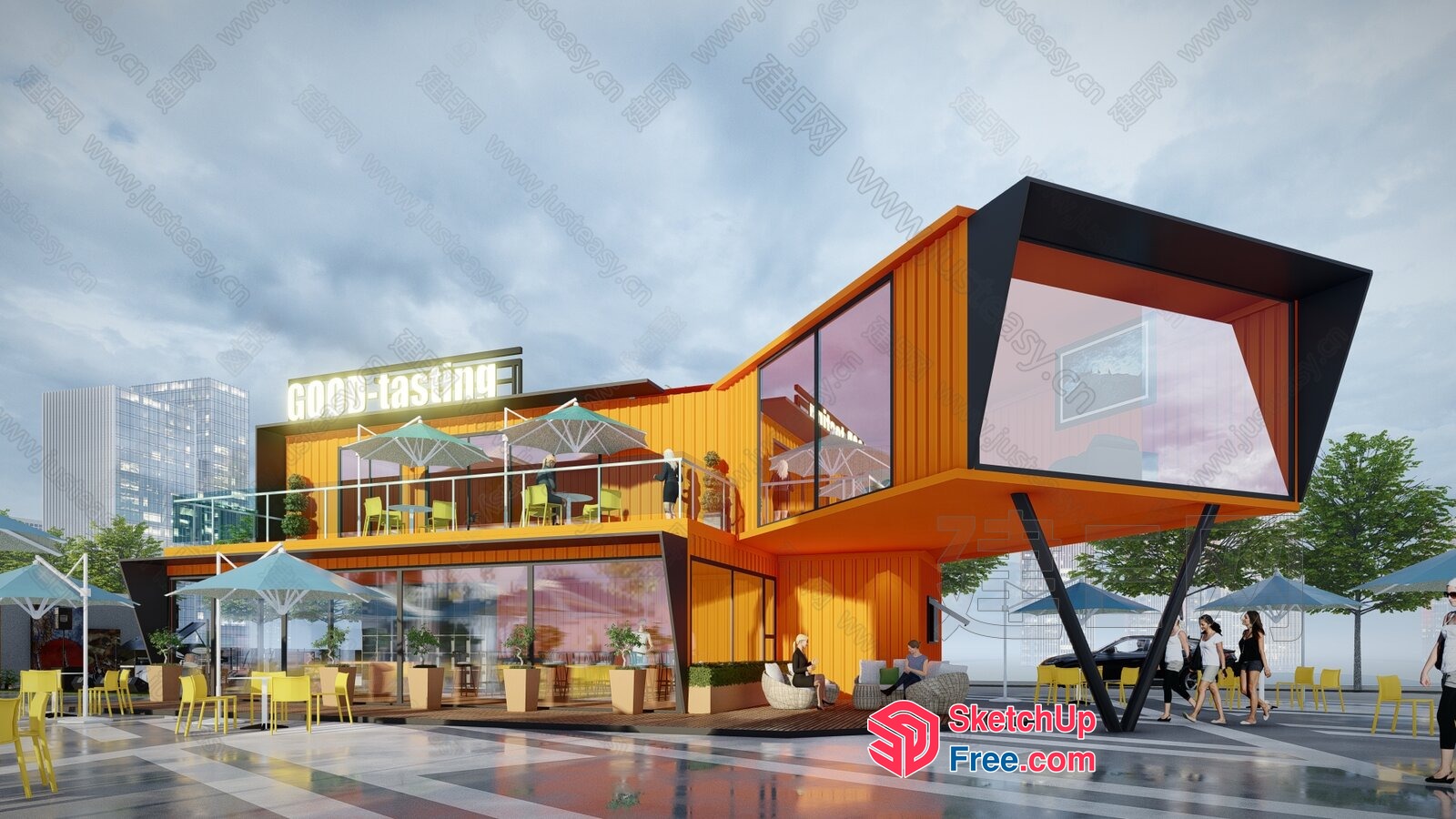 Modern Commercial Building With Outdoor Seating Area 3D SketchUp File