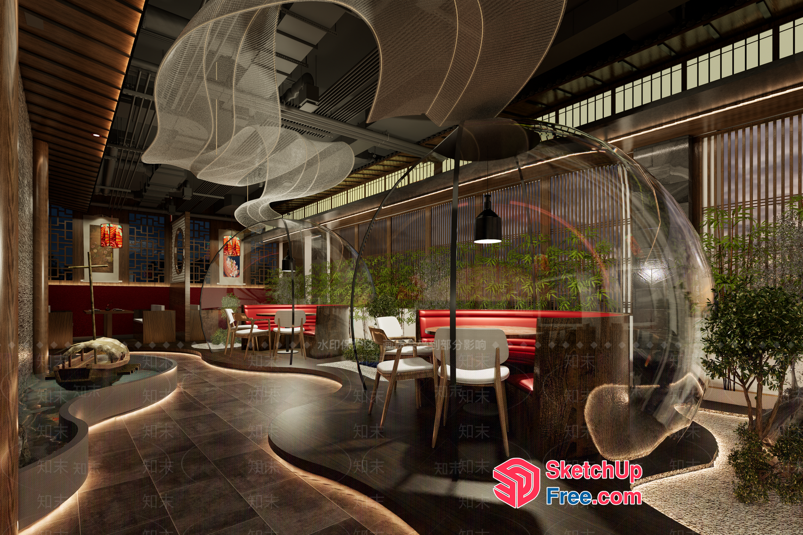 Modern Asian-Inspired Restaurant Interior 3D SketchUp File