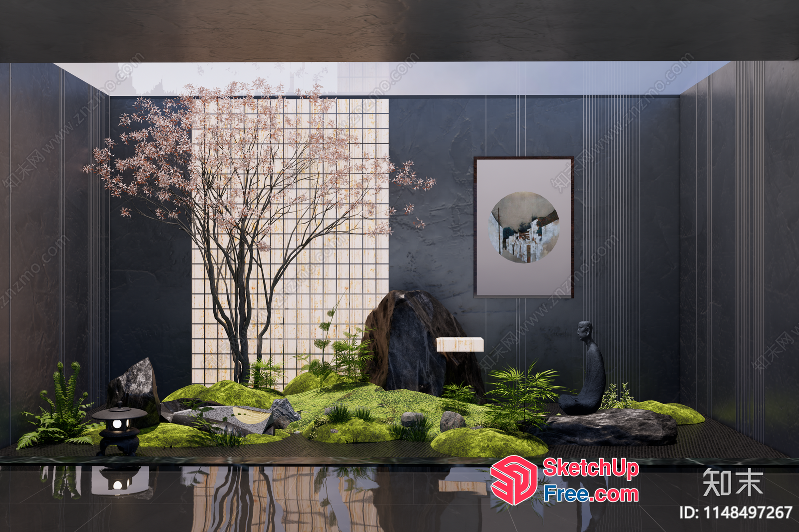 Japanese Style Garden With Cherry Blossom Tree 3D SketchUp File
