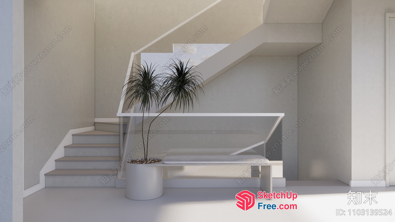 Modern White Staircase With Potted Plants 3D SketchUp File